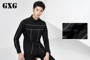 [新品]GXG男装 男士韩版修身黑色衬衣男休闲长袖衬衫