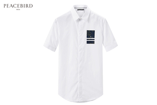 【专柜新品】太平鸟男装 韩版修身白色男士印花短袖衬衫B1CC62308