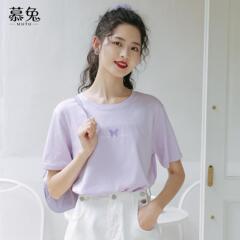 ins超火紫色蝴蝶印花短袖t恤T恤