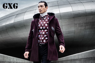 GXG男装 2015冬季新品 男士时尚绅士暗红色优雅呢大衣