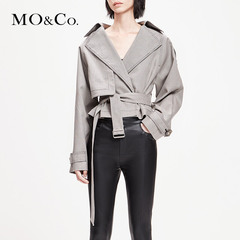 MOCO纯棉翻领腰带短款格纹外套
