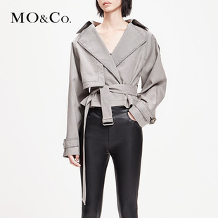 MOCO纯棉翻领腰带短款格纹外套