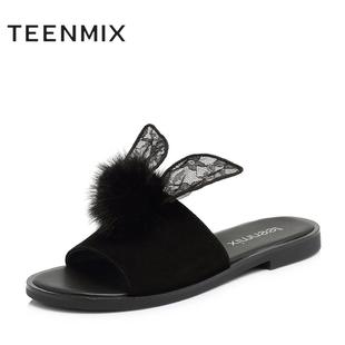 预夏专柜同款毛球蕾丝兔耳方跟拖鞋