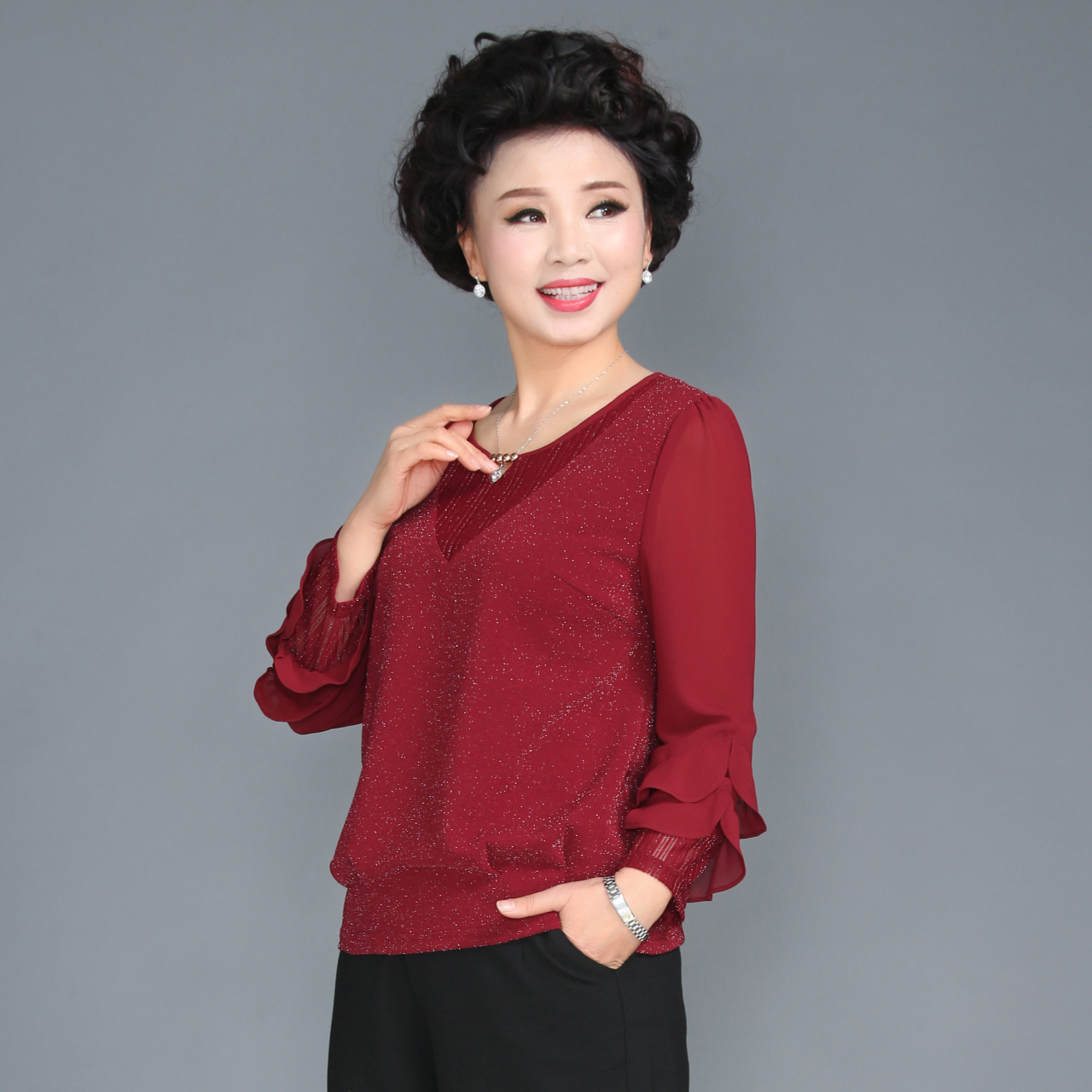 妈妈装秋装长袖上衣打底衫中年女大码雪纺t恤洋气春秋中老年女装