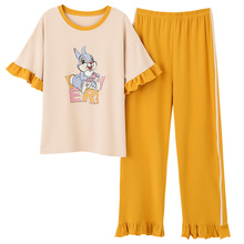 Yu Zhaolin pajamas women's summer cotton short sleeve long pants thin casual lovely two piece set