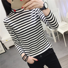 T-shirt women's long sleeve stripe embroidery love fit all-around half high collar bottoming shirt