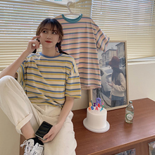 Sweet Japanese Rainbow Stripe T-shirt women's short sleeve loose 2020 summer new small fresh