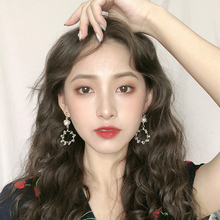 Retro twining crystal pearl geometric Round Earrings female long Korean style earrings
