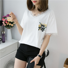 Half sleeve summer Lace Panel V-neck short sleeve T-shirt for women