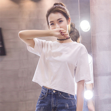 Exposed navel top short white T-shirt girl short sleeve student summer Korean pure cotton solid color loose