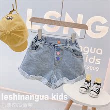 2020韩版童装女童夏季新款休闲彩扣折边破洞牛仔裤短