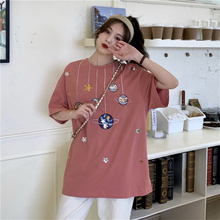 2020 summer embroidery craft Sequin design sense short sleeve cotton t-shirt female student medium long