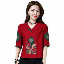 2020 summer new cotton and hemp T-shirt national style stick cloth embroidery loose cotton and hemp top female