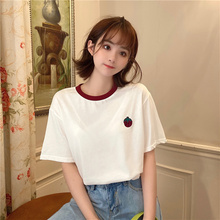Summer cute Department small fresh short sleeve cotton T-shirt girl student sweet strawberry embroidery loose play