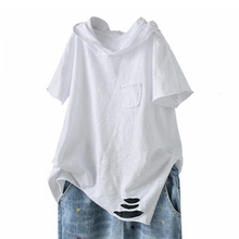 95 cotton slub Cotton Hooded T-shirt for women in summer new loose pure white short sleeve broken
