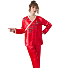 Pajama women's spring and autumn silk long sleeve slant Lapel thin retro Chinese style suit
