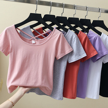Cotton short sleeve T-shirt women's summer 2020 new solid U-neck open back slim neckline