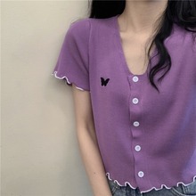 香芋紫色上衣针织衫女短袖薄法式开衫短款针织衫配高